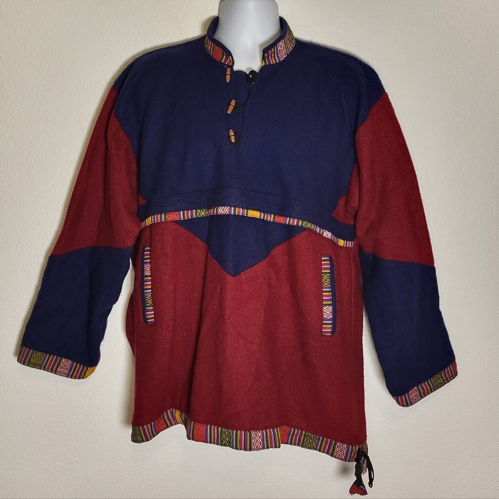Red and Blue Handmade Wool Pullover Sweater Made in Nepal size XLarge